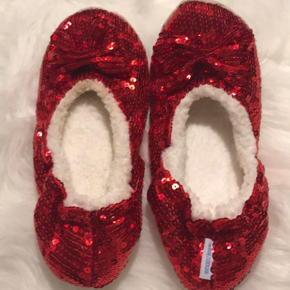 snoozies red sequin slippers